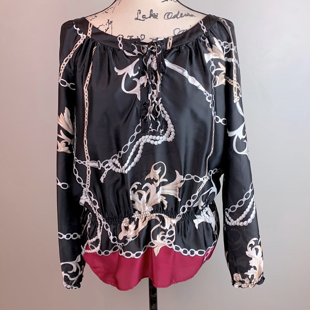 White House Black Market Chain Print Lace Up Peasant Blouse